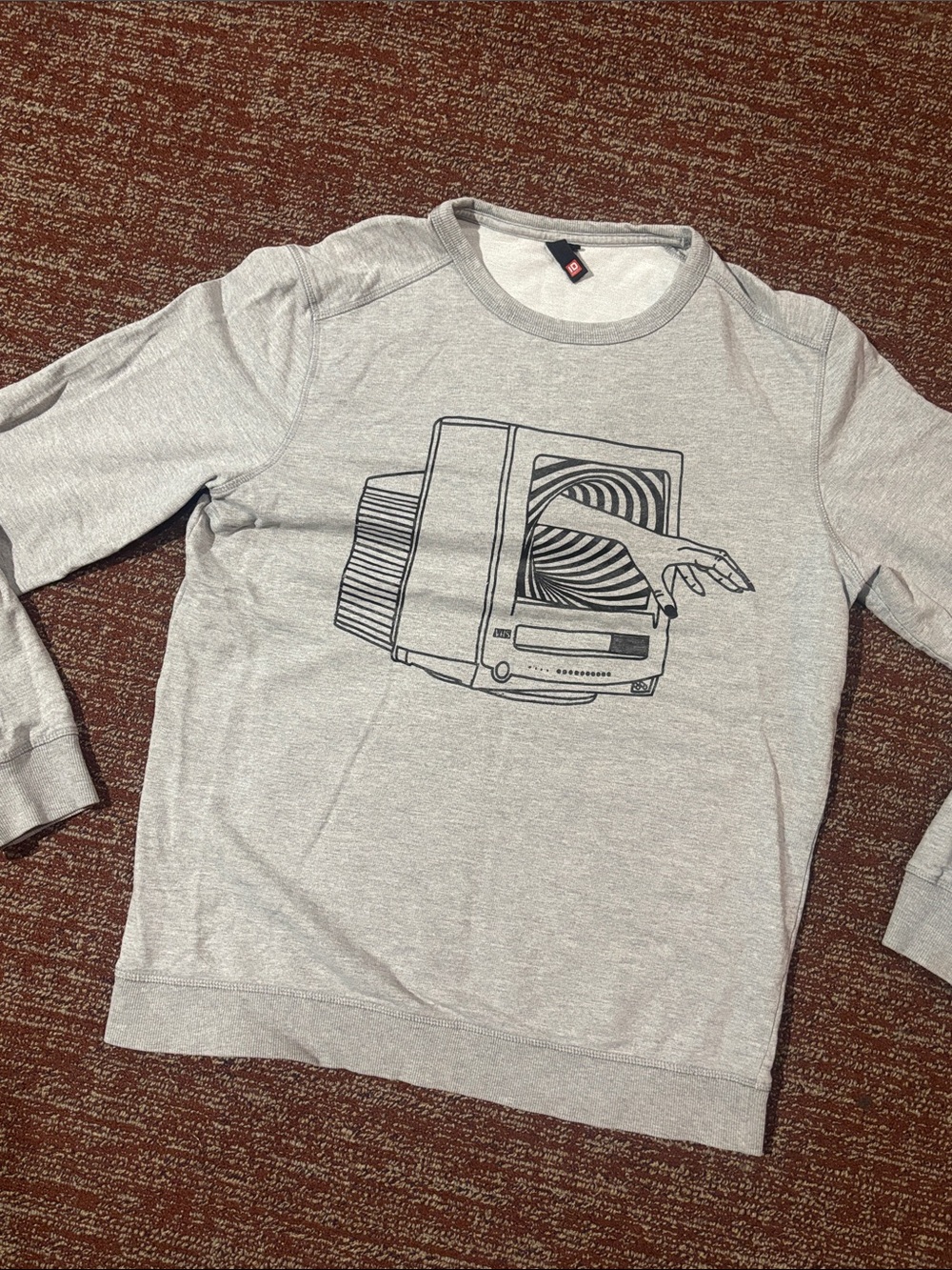 Light Gray Graphic Crewneck Sweater creepy hand spooky trippy lightweight large